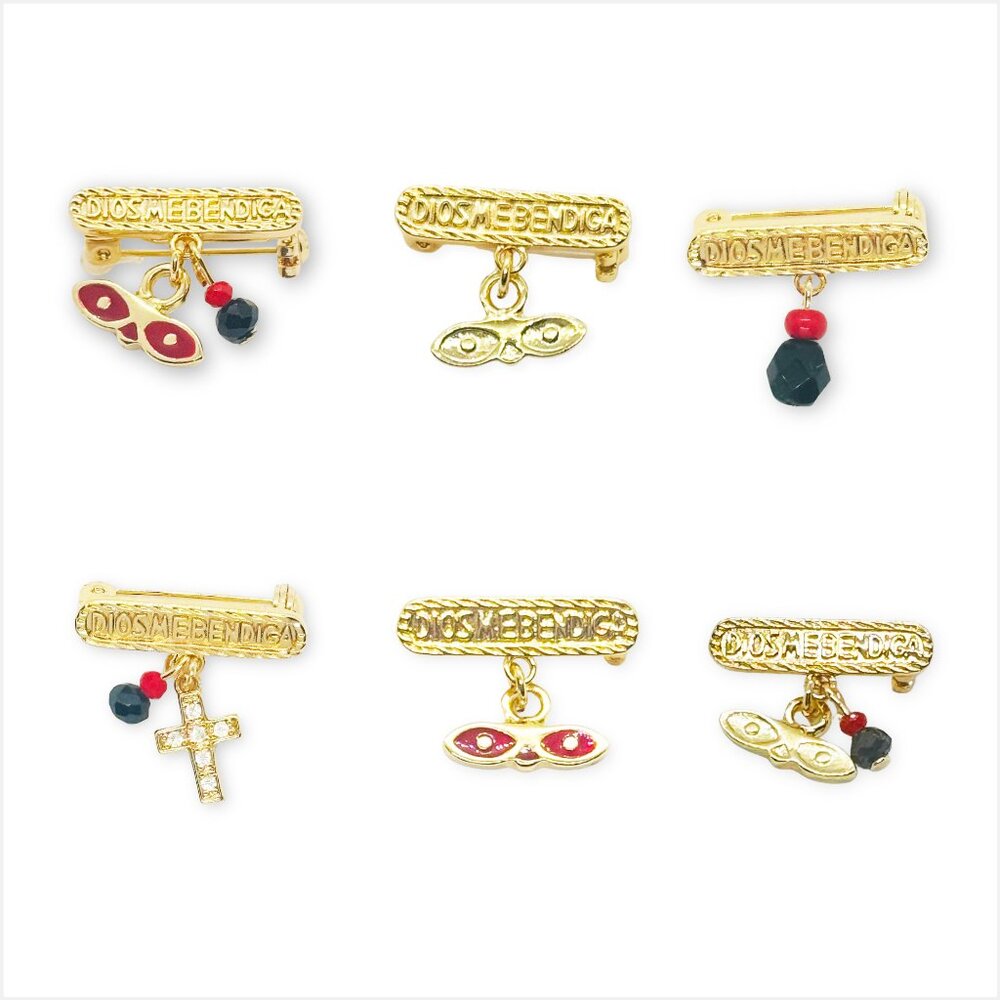 Azabache Brooch 14k Gold Plated Lucky Charm, Ojitos De Santa Lucia